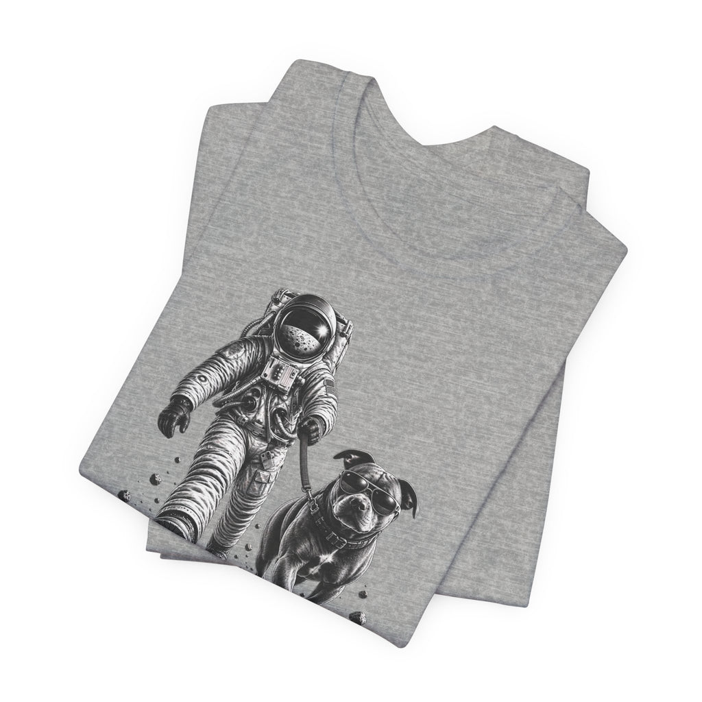 Monochrome Astronaut and Dog Graphic Tee — Unisex Space Adventure T-Shirt