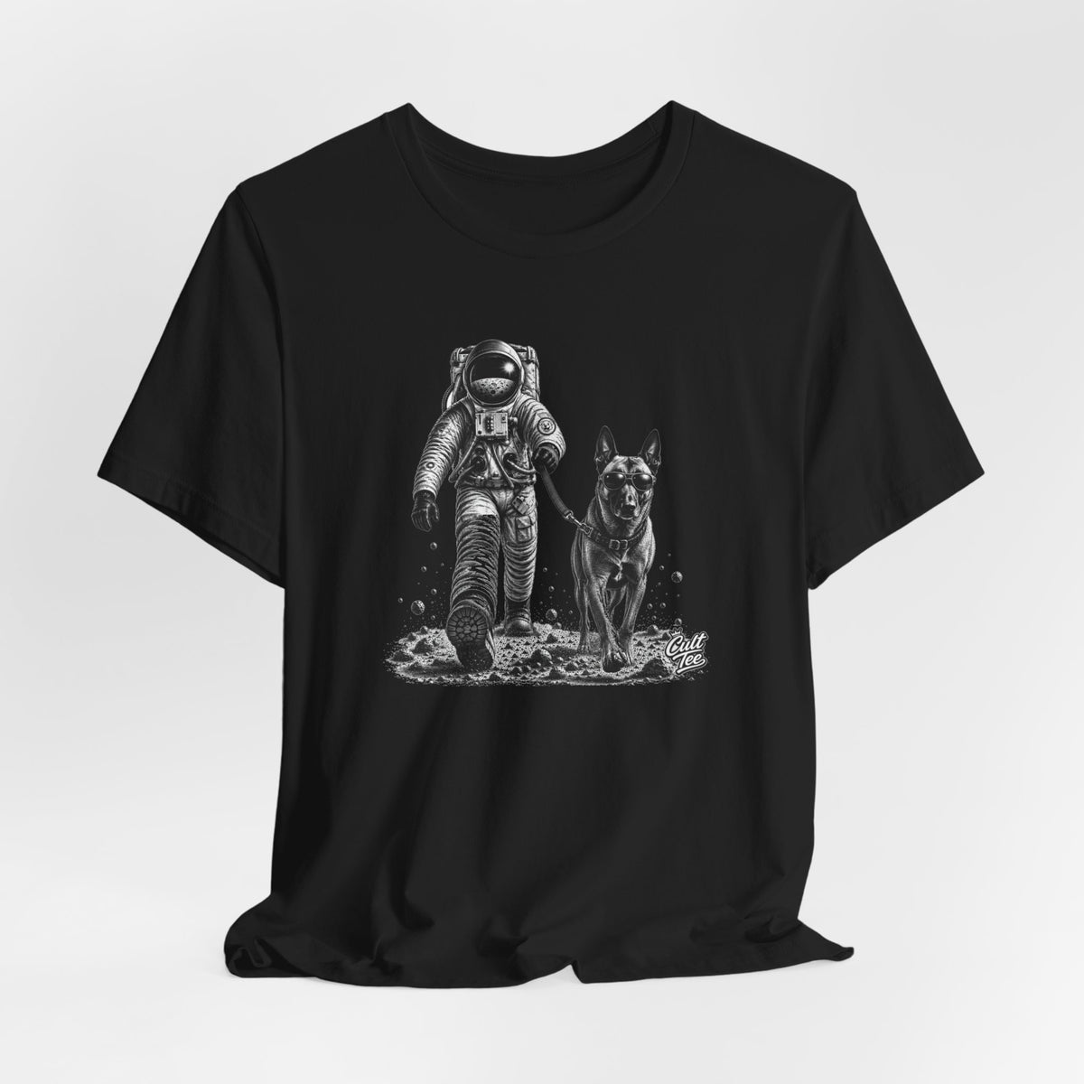 Monochrome Astronaut and Malinois Graphic Tee - Unisex Dog T-Shirt