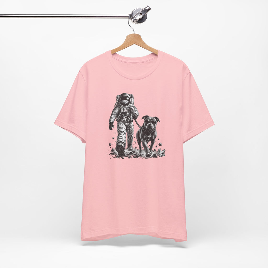 Monochrome Astronaut and Dog Graphic Tee — Unisex Space Adventure T-Shirt