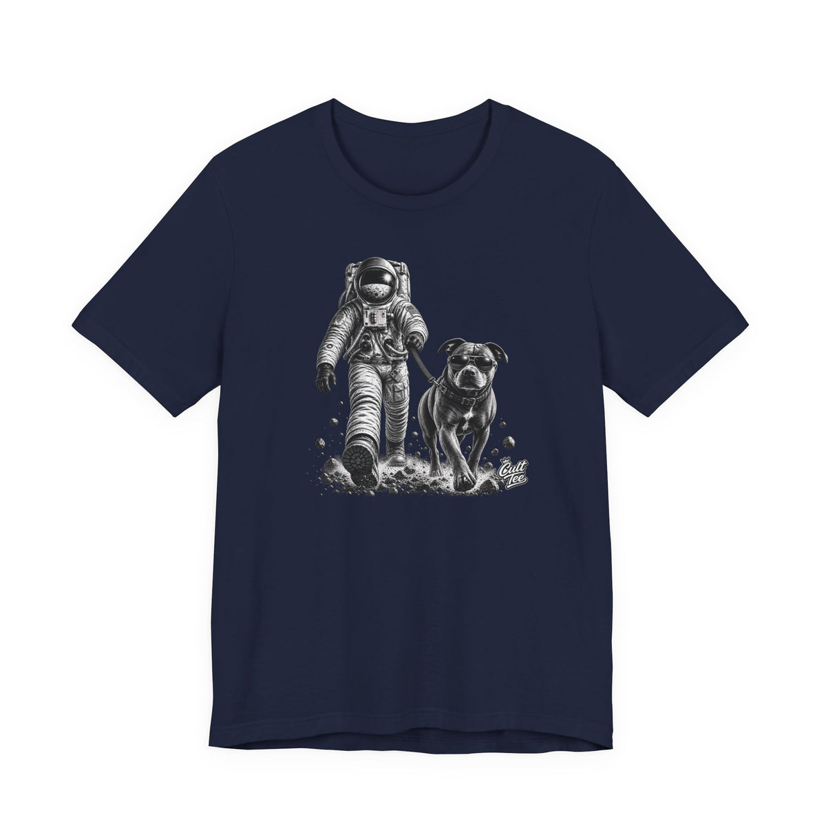 Monochrome Astronaut and Dog Graphic Tee — Unisex Space Adventure T-Shirt