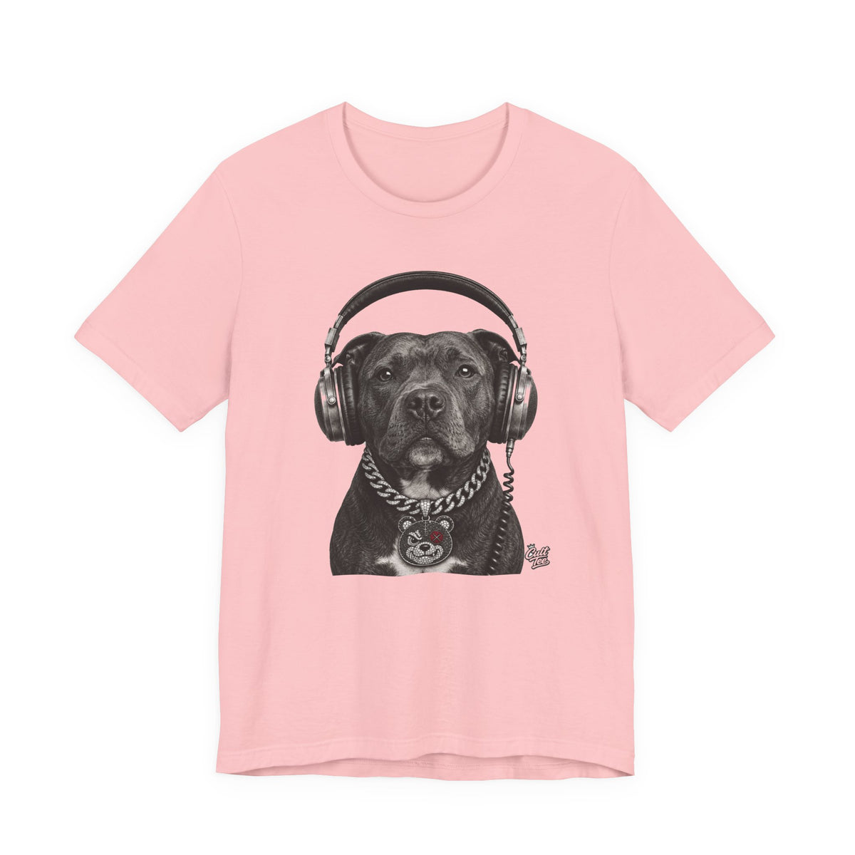 Monochrome Staffordshire Terrier with Headphone - Unisex Dog T-Shirt