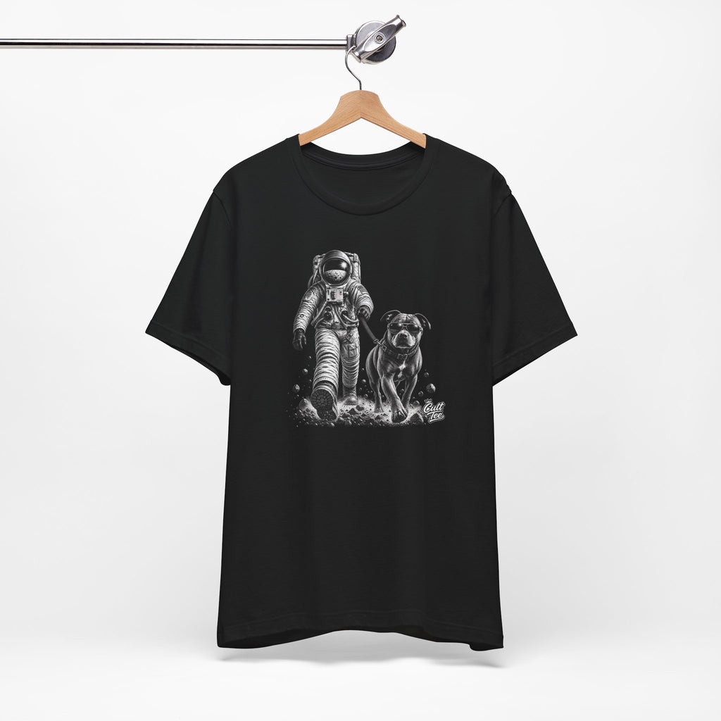Monochrome Astronaut and Dog Graphic Tee — Unisex Space Adventure T-Shirt
