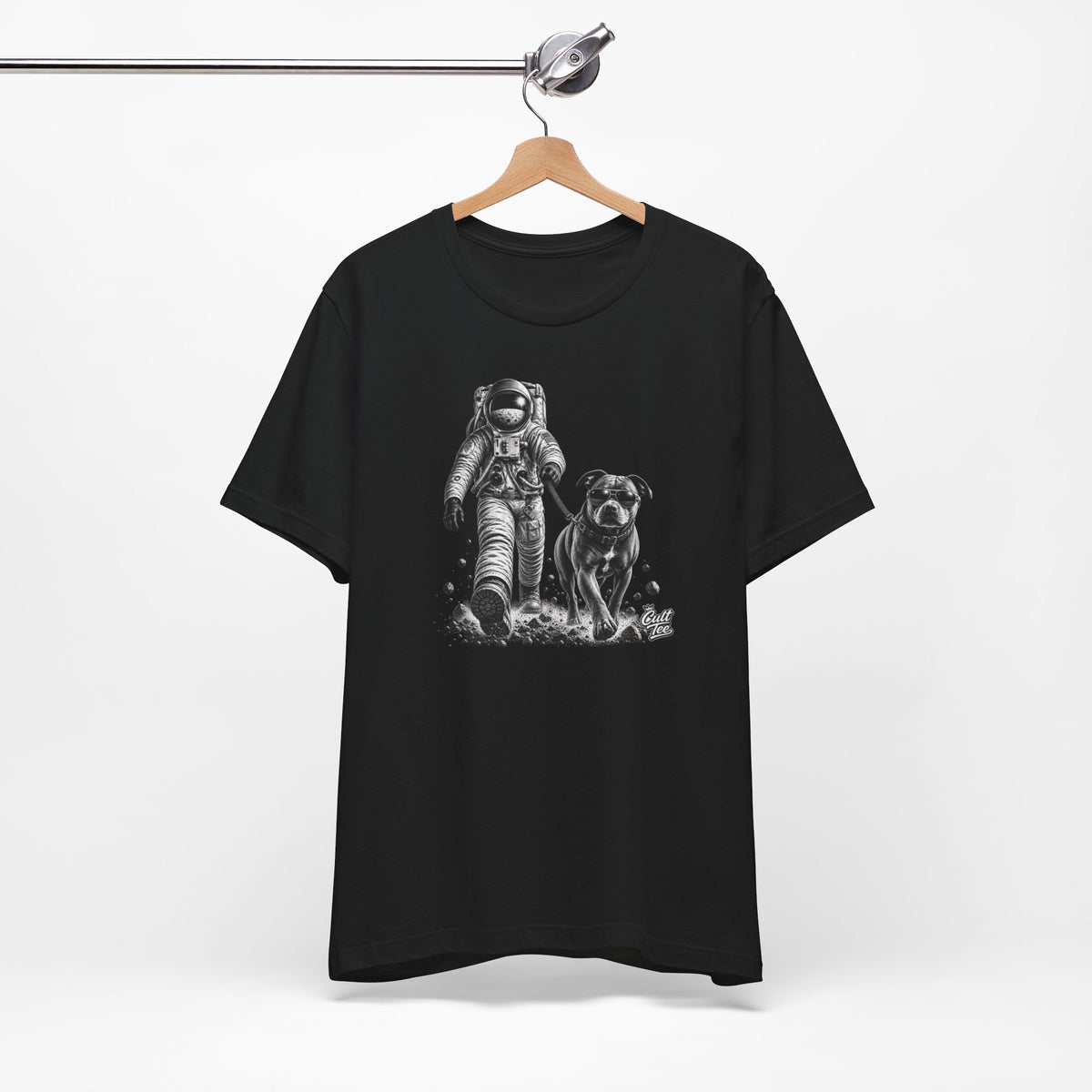 Monochrome Astronaut and Dog Graphic Tee — Unisex Space Adventure T-Shirt