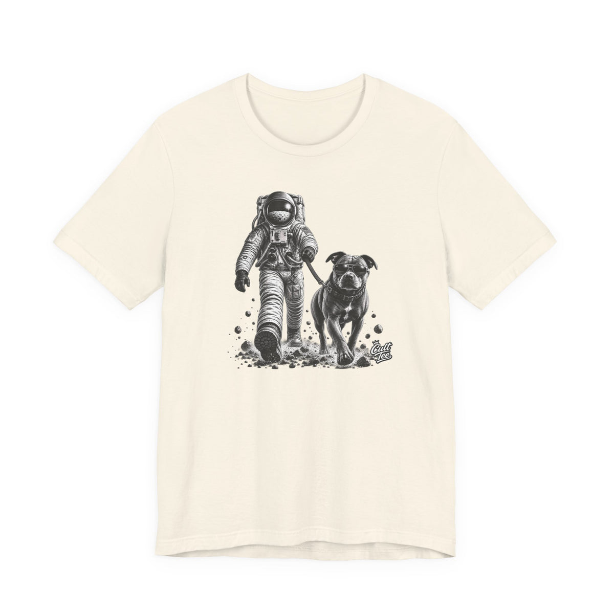 Monochrome Astronaut and Dog Graphic Tee — Unisex Space Adventure T-Shirt