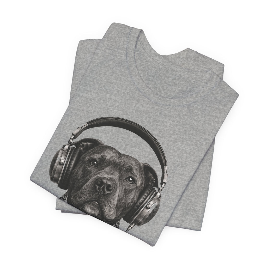 Monochrome Staffordshire Terrier with Headphone - Unisex Dog T-Shirt