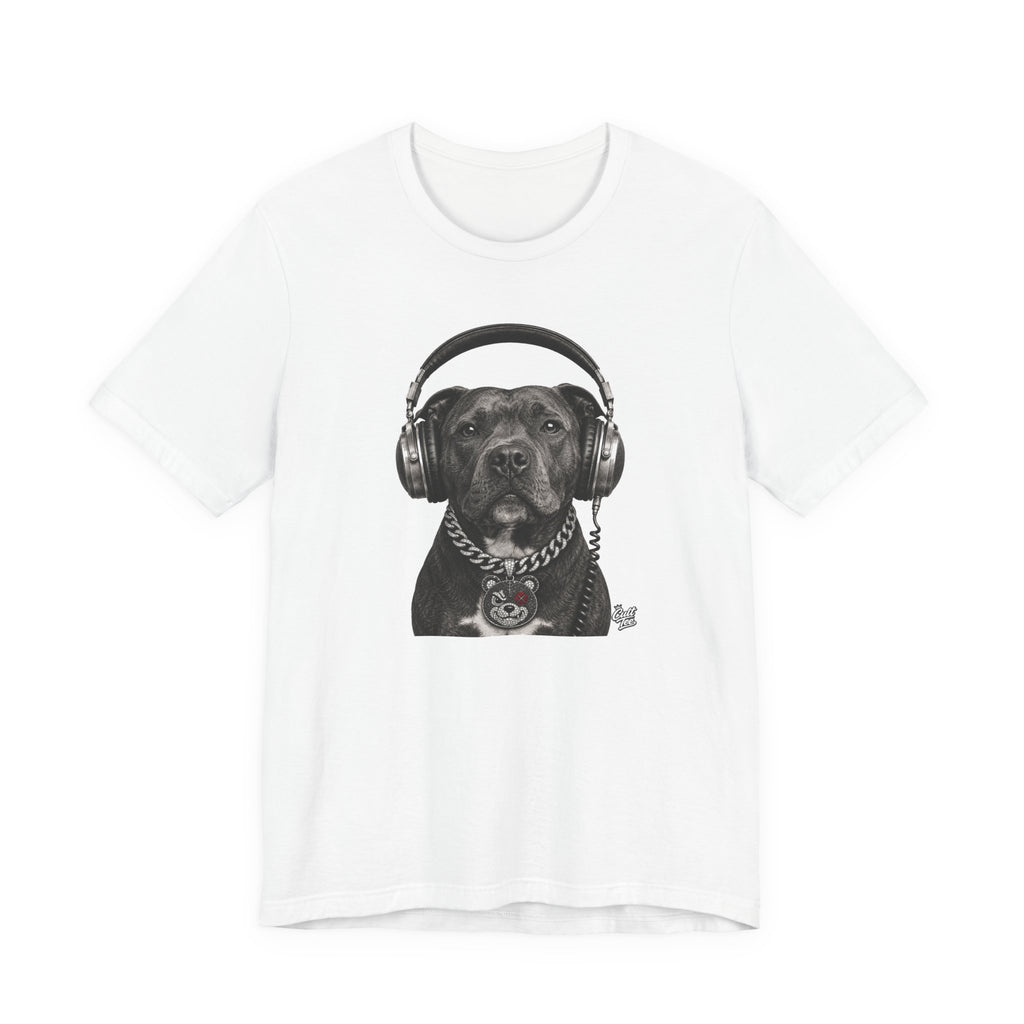 Monochrome Staffordshire Terrier with Headphone - Unisex Dog T-Shirt