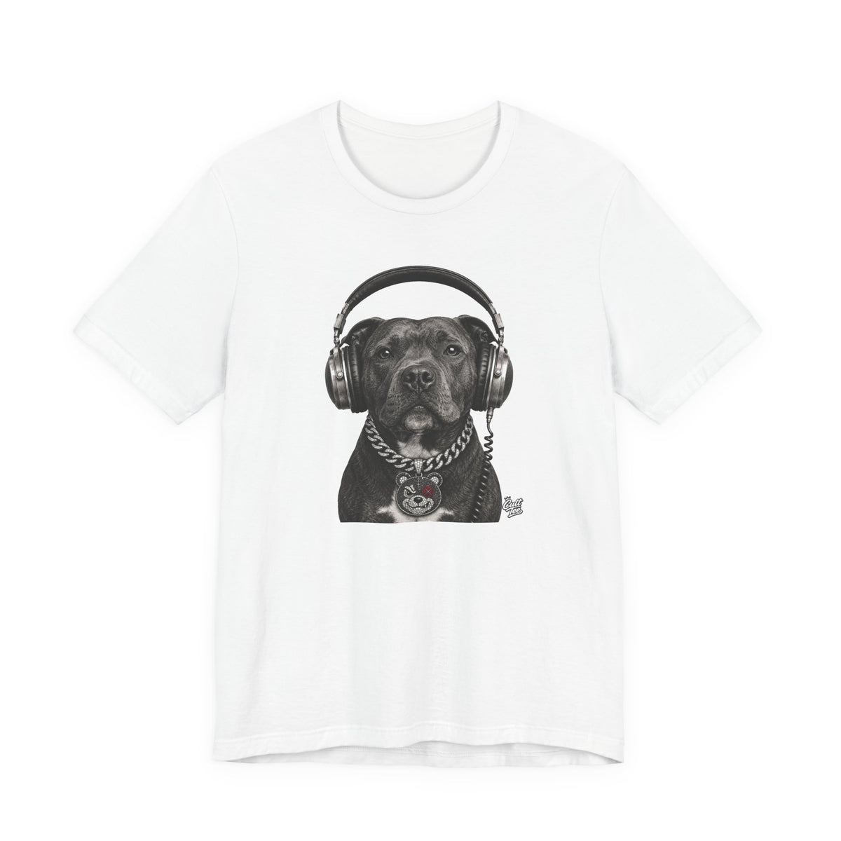Monochrome Staffordshire Terrier with Headphone - Unisex Dog T-Shirt