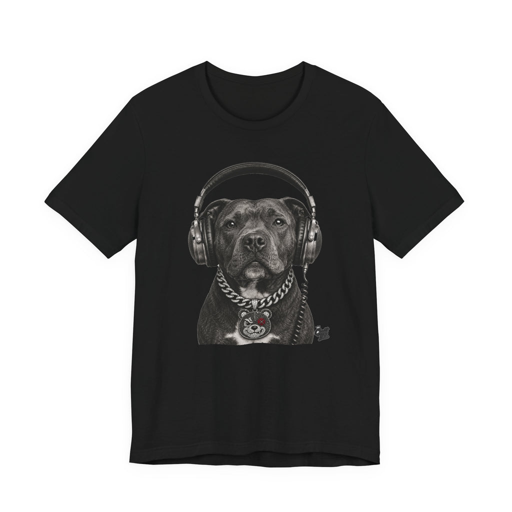 Monochrome Staffordshire Terrier with Headphone - Unisex Dog T-Shirt