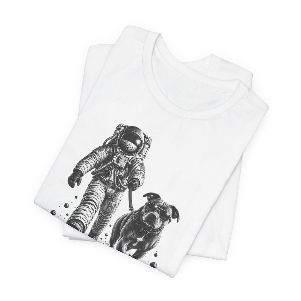 Monochrome Astronaut and Dog Graphic Tee — Unisex Space Adventure T-Shirt