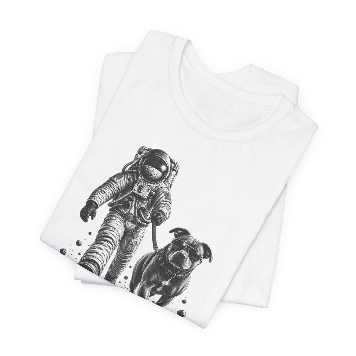 Monochrome Astronaut and Dog Graphic Tee — Unisex Space Adventure T-Shirt