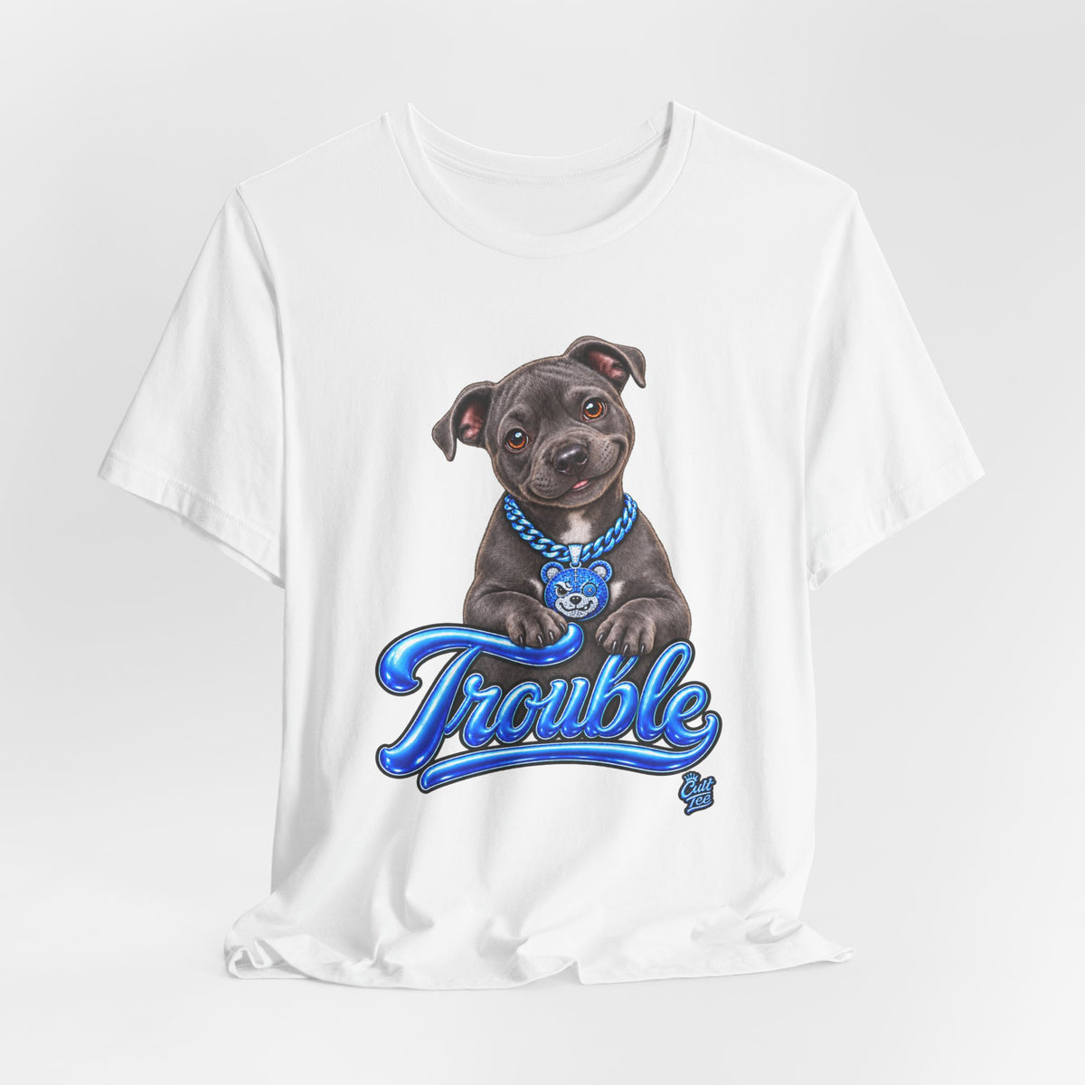 Trouble Puppy T‑Shirt — Cute Staffy Dog Graphic Tee