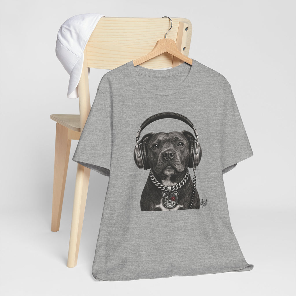 Monochrome Staffordshire Terrier with Headphone - Unisex Dog T-Shirt