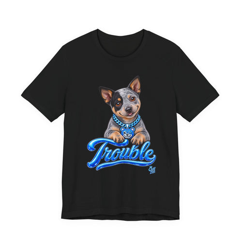 "Trouble" Australian Shepherd Puppy Tee — Unisex Graphic Dog T-Shirt
