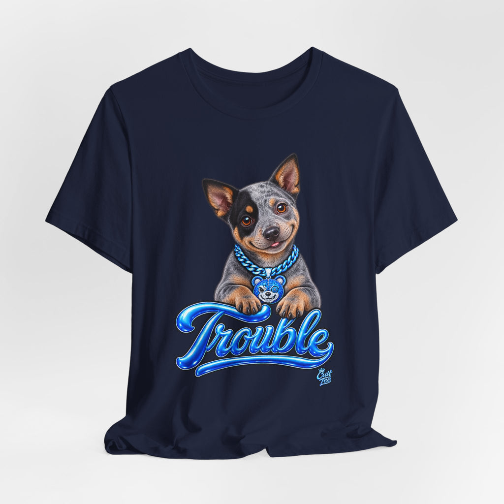 "Trouble" Australian Shepherd Puppy Tee — Unisex Graphic Dog T-Shirt