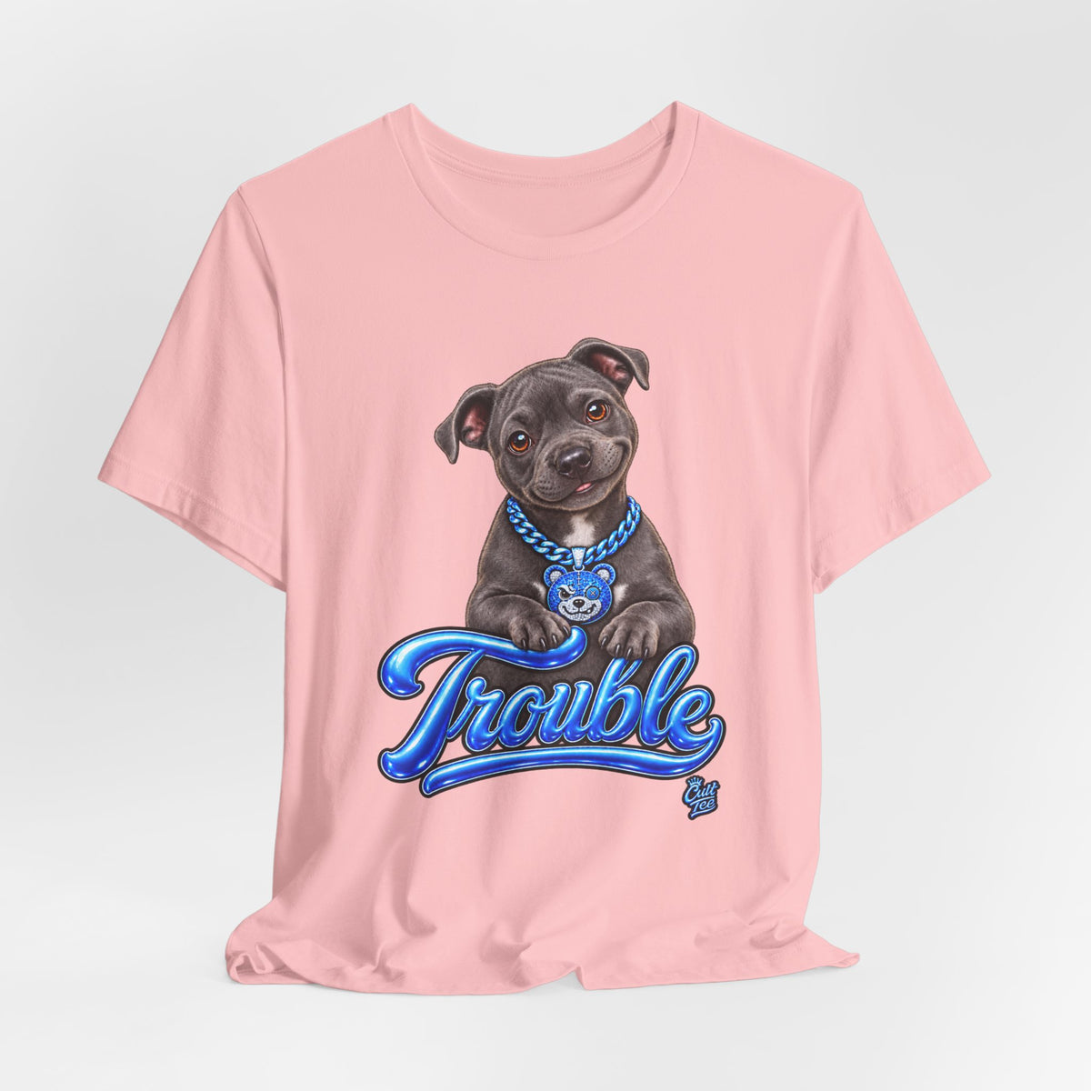 Trouble Puppy T‑Shirt — Cute Staffy Dog Graphic Tee