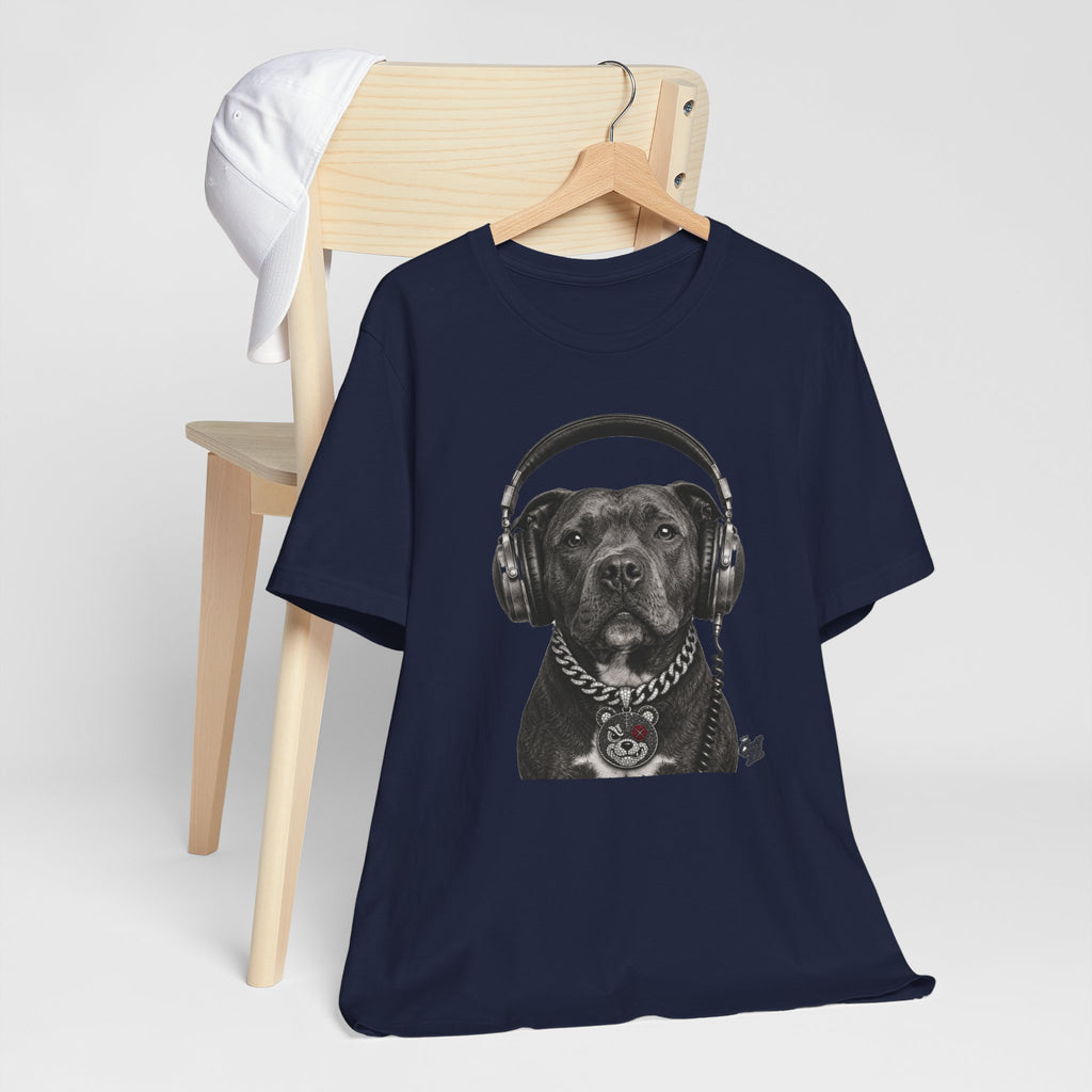 Monochrome Staffordshire Terrier with Headphone - Unisex Dog T-Shirt
