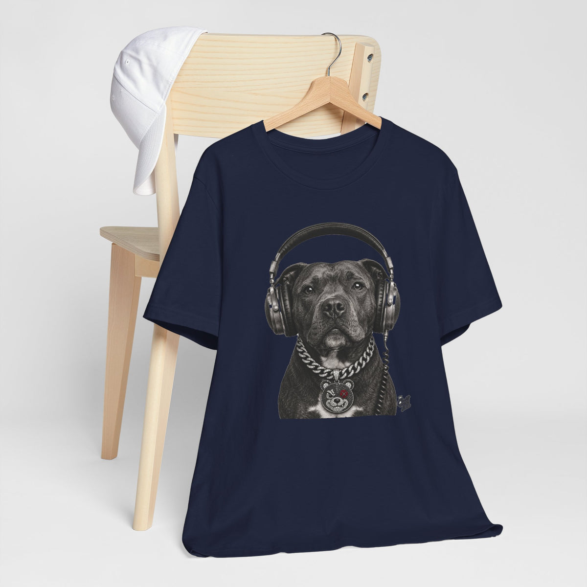 Monochrome Staffordshire Terrier with Headphone - Unisex Dog T-Shirt