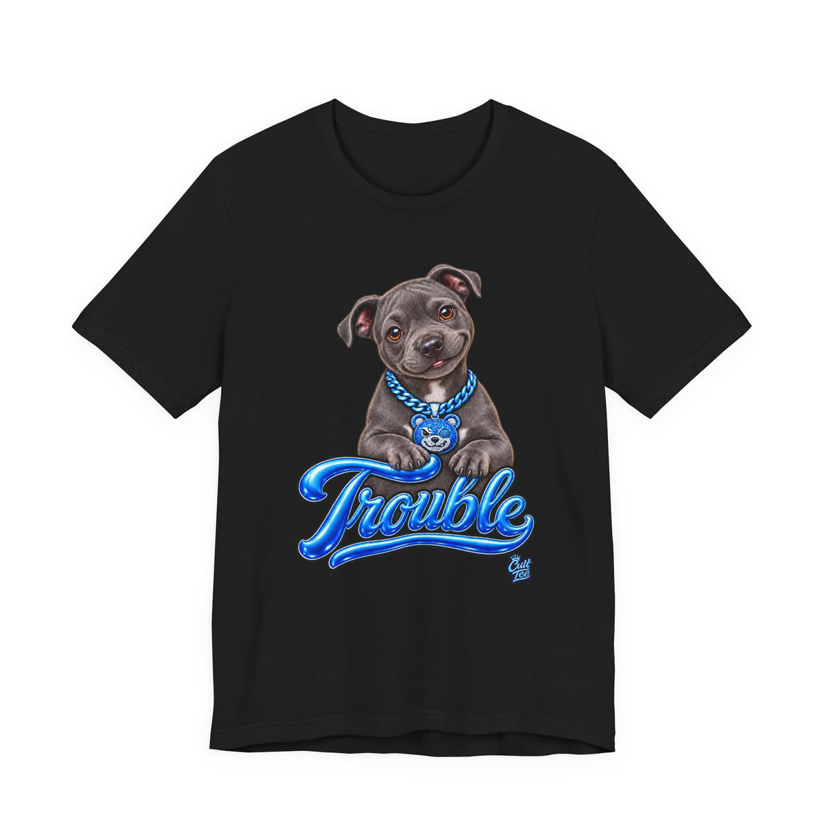 Trouble Puppy T‑Shirt — Cute Staffy Dog Graphic Tee