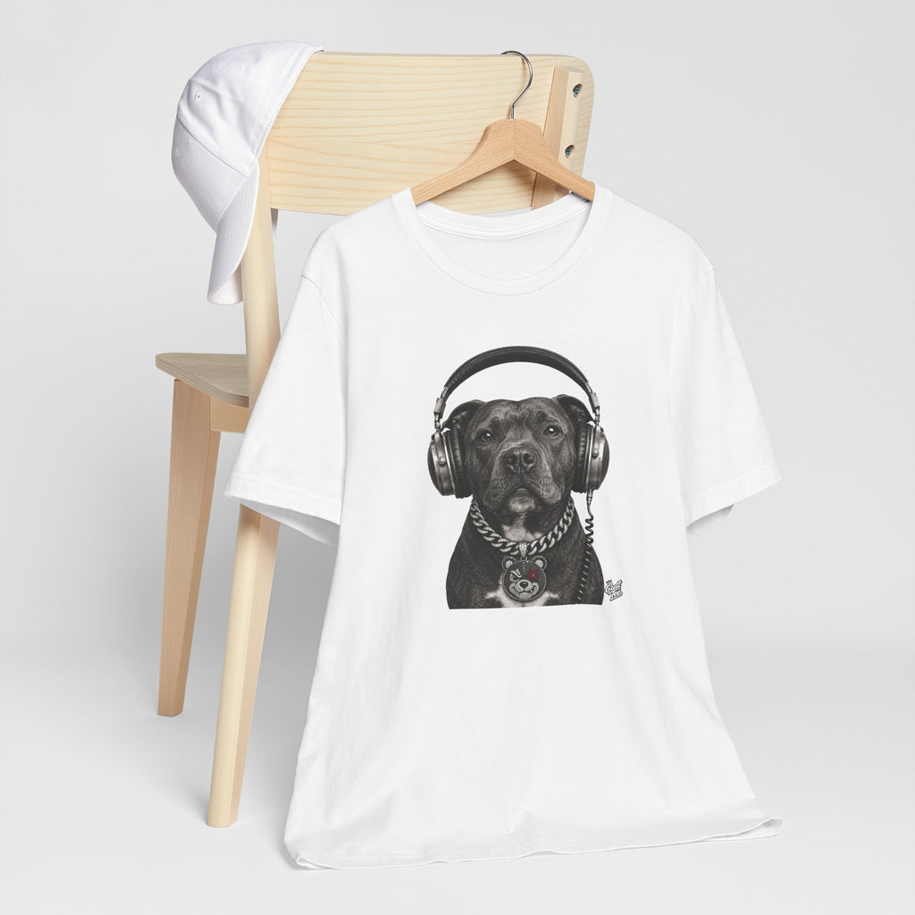 Monochrome Staffordshire Terrier with Headphone - Unisex Dog T-Shirt
