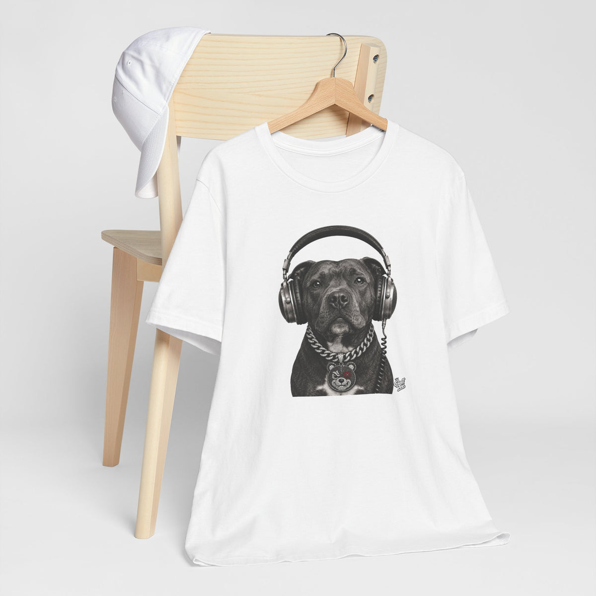 Monochrome Staffordshire Terrier with Headphone - Unisex Dog T-Shirt