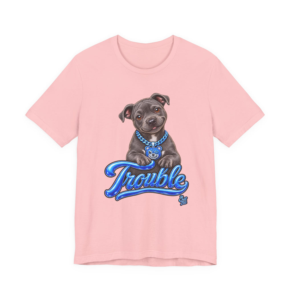 Trouble Puppy T‑Shirt — Cute Staffy Dog Graphic Tee