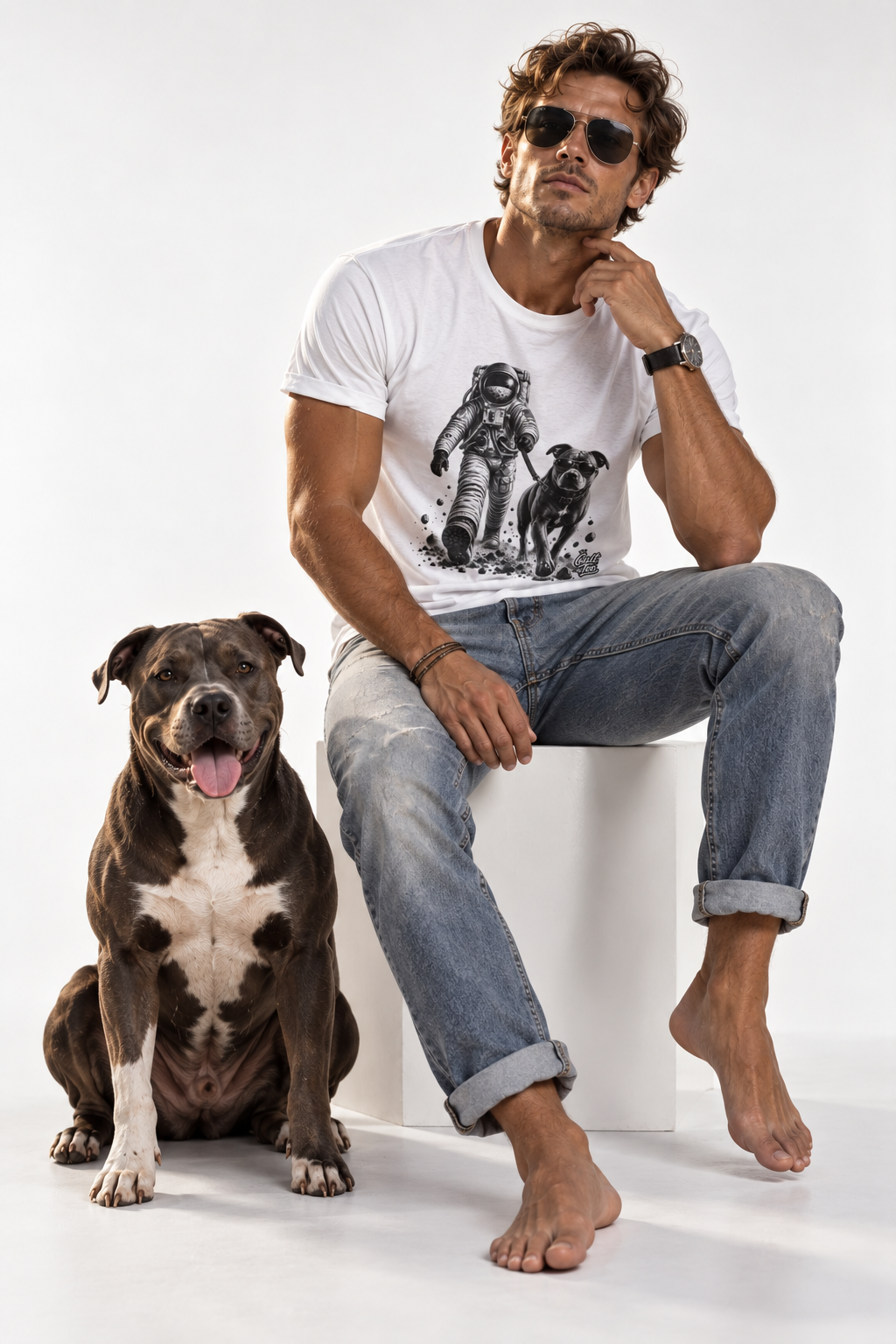 Monochrome Astronaut and Dog Graphic Tee — Unisex Space Adventure T-Shirt
