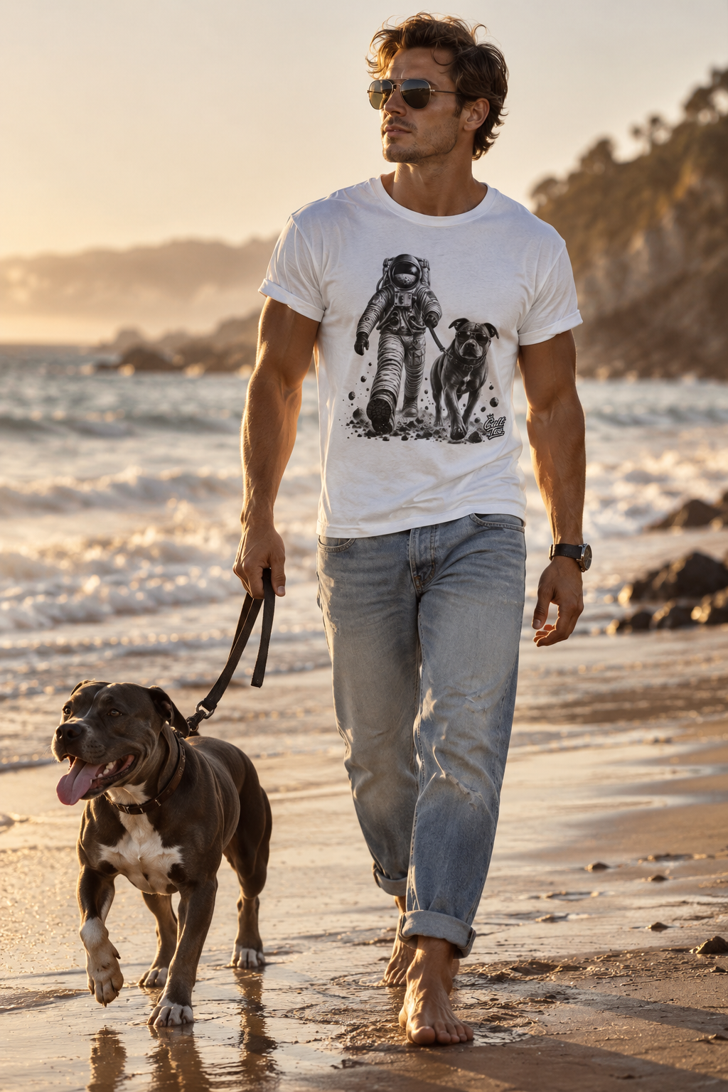 Monochrome Astronaut and Dog Graphic Tee — Unisex Space Adventure T-Shirt