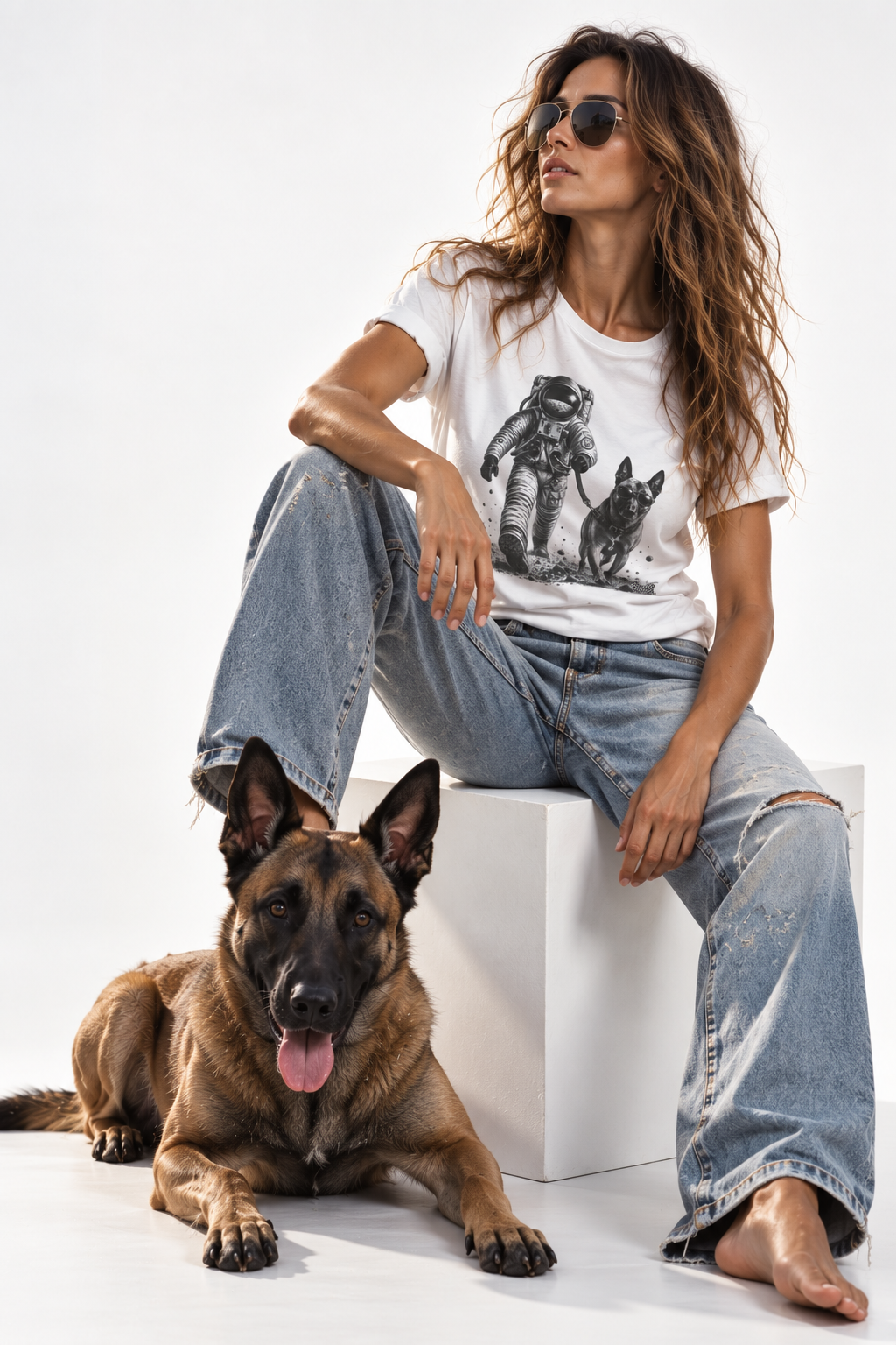 Monochrome Astronaut and Malinois Graphic Tee - Unisex Dog T-Shirt