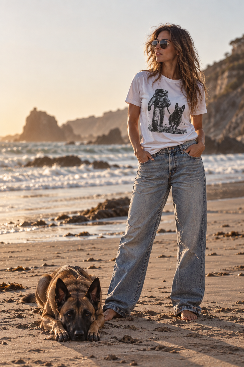 Monochrome Astronaut and Malinois Graphic Tee - Unisex Dog T-Shirt