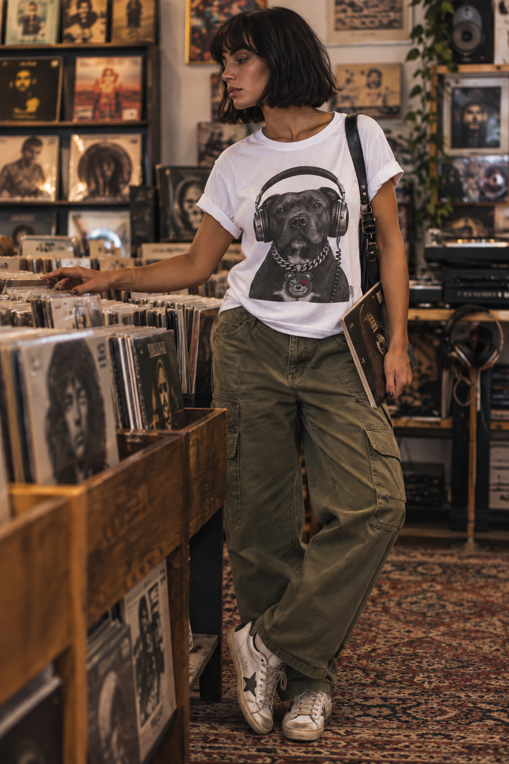Monochrome Staffordshire Terrier with Headphone - Unisex Dog T-Shirt