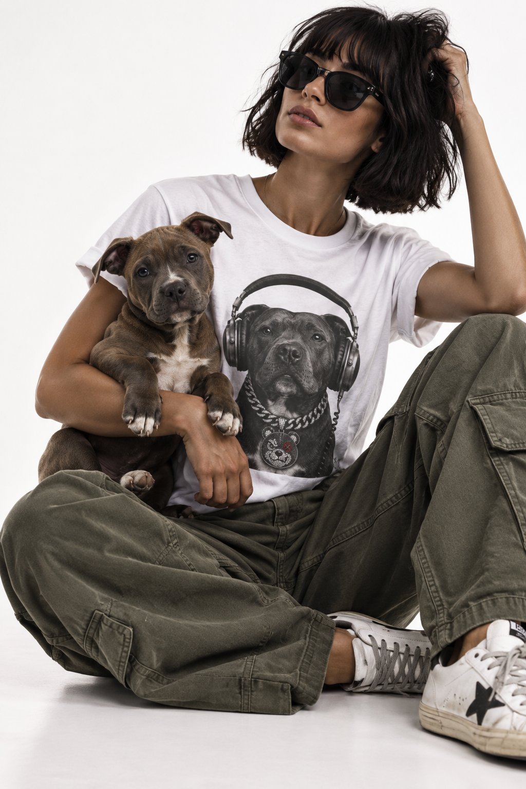 Monochrome Staffordshire Terrier with Headphone - Unisex Dog T-Shirt