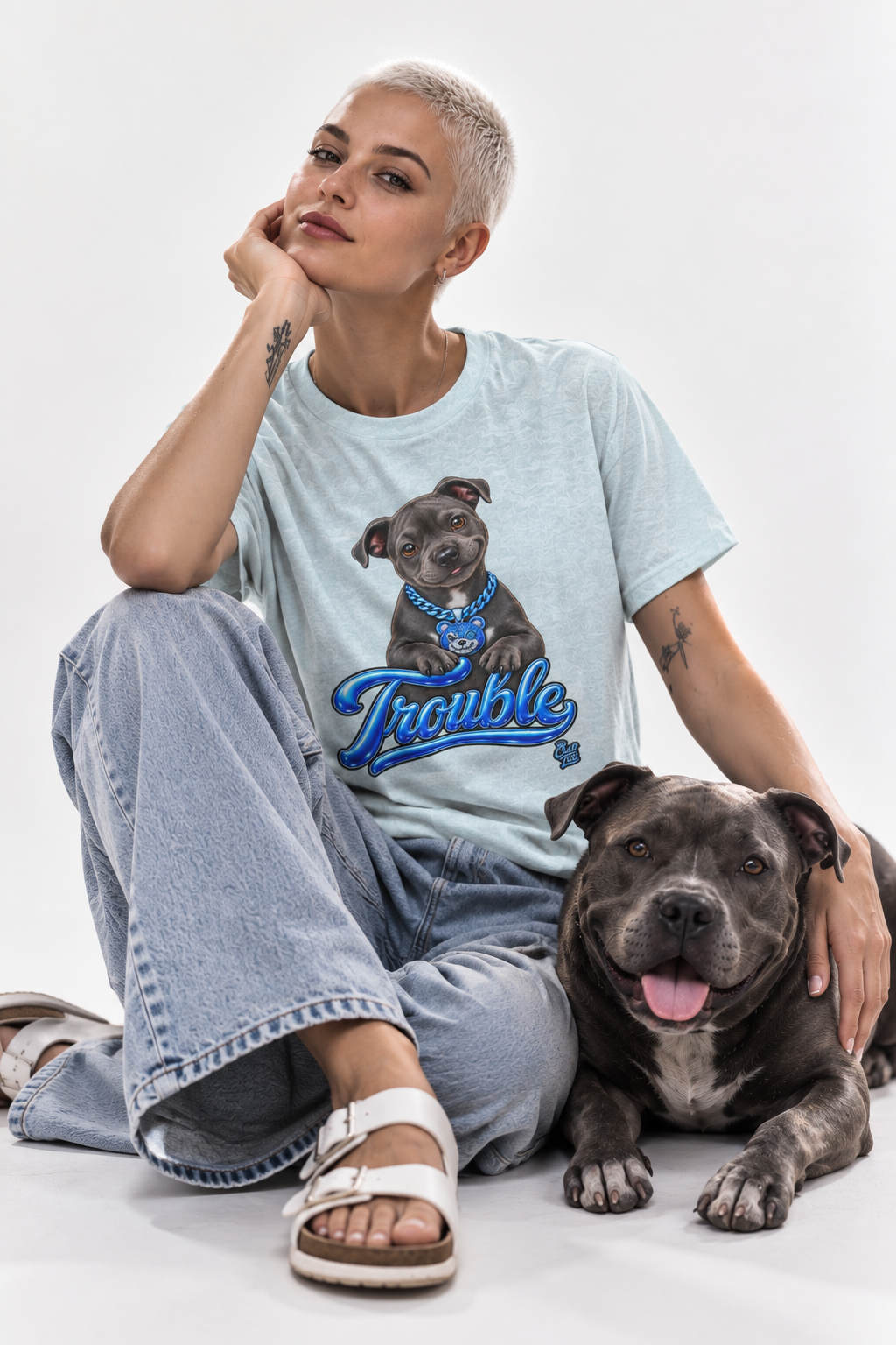 Trouble Puppy T‑Shirt — Cute Staffy Dog Graphic Tee