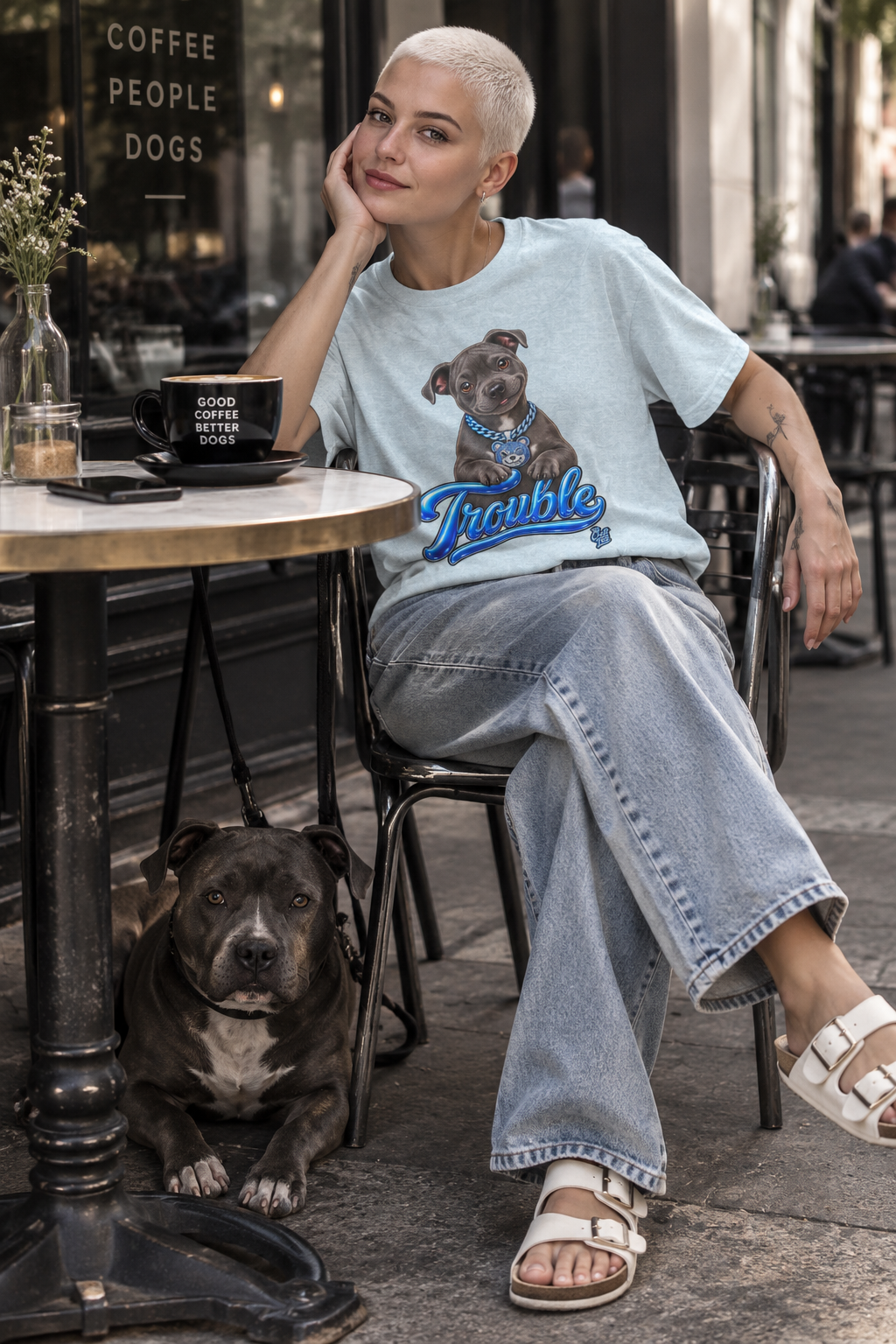 Trouble Puppy T‑Shirt — Cute Staffy Dog Graphic Tee