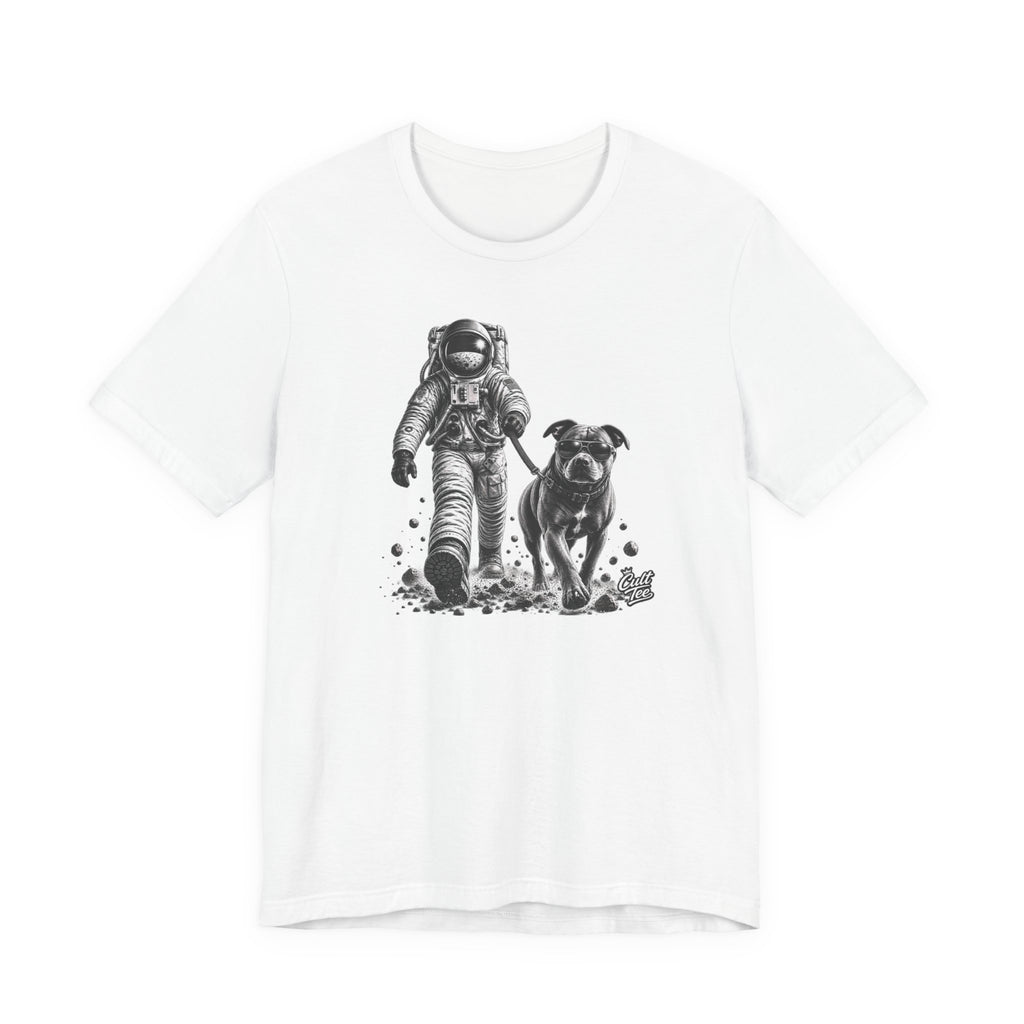 Monochrome Astronaut and Dog Graphic Tee — Unisex Space Adventure T-Shirt