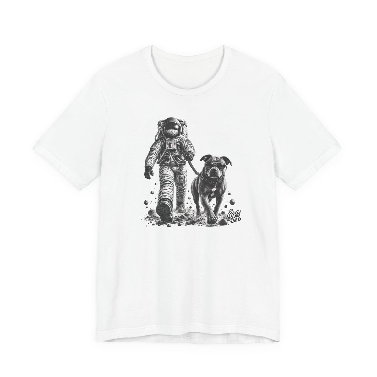 Monochrome Astronaut and Dog Graphic Tee — Unisex Space Adventure T-Shirt