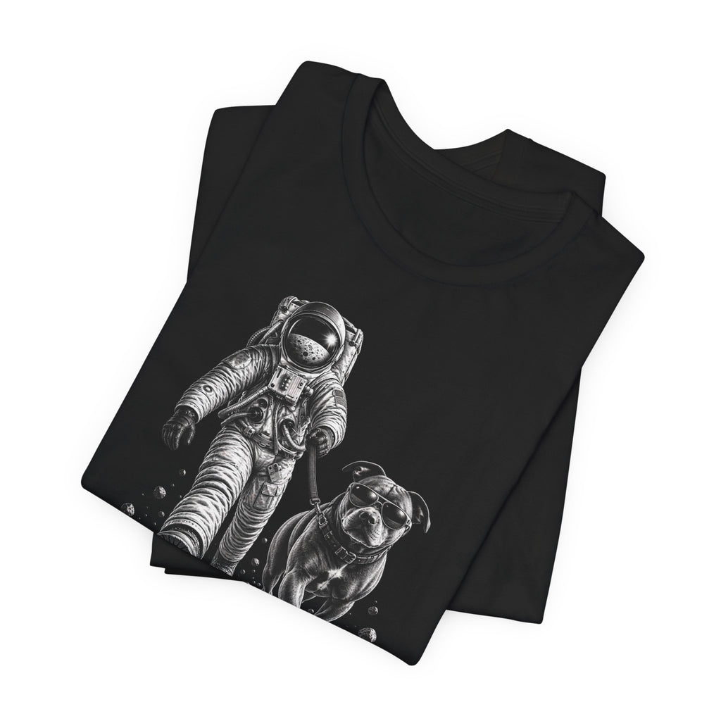Monochrome Astronaut and Dog Graphic Tee — Unisex Space Adventure T-Shirt