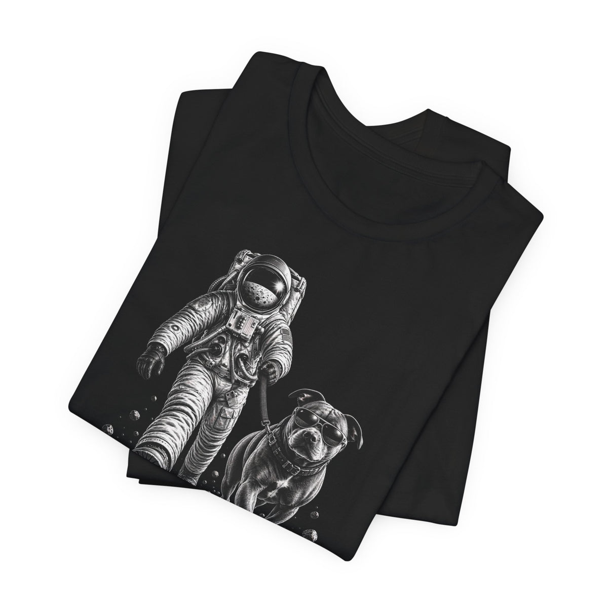 Monochrome Astronaut and Dog Graphic Tee — Unisex Space Adventure T-Shirt