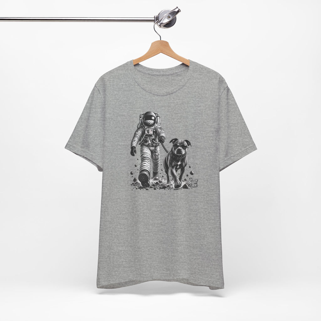 Monochrome Astronaut and Dog Graphic Tee — Unisex Space Adventure T-Shirt