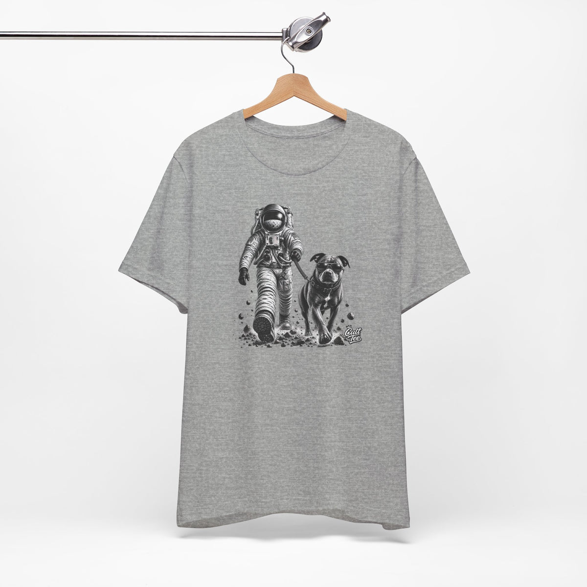 Monochrome Astronaut and Dog Graphic Tee — Unisex Space Adventure T-Shirt