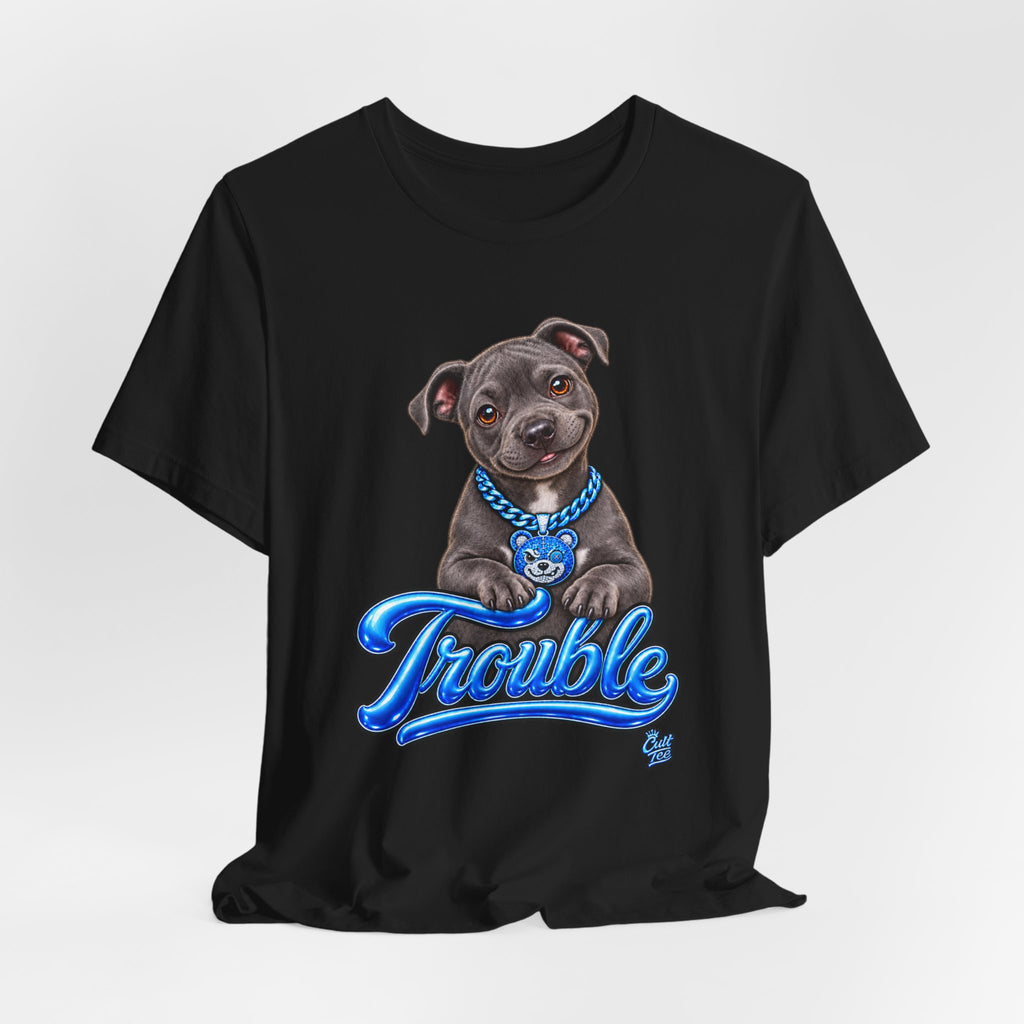 Trouble Puppy T‑Shirt — Cute Staffy Dog Graphic Tee