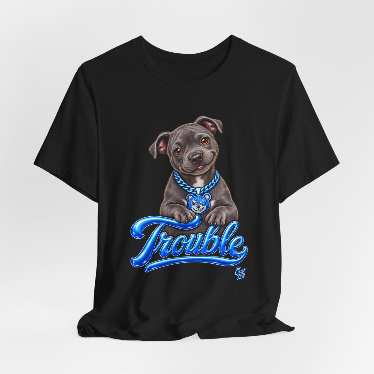 Trouble Puppy T‑Shirt — Cute Staffy Dog Graphic Tee