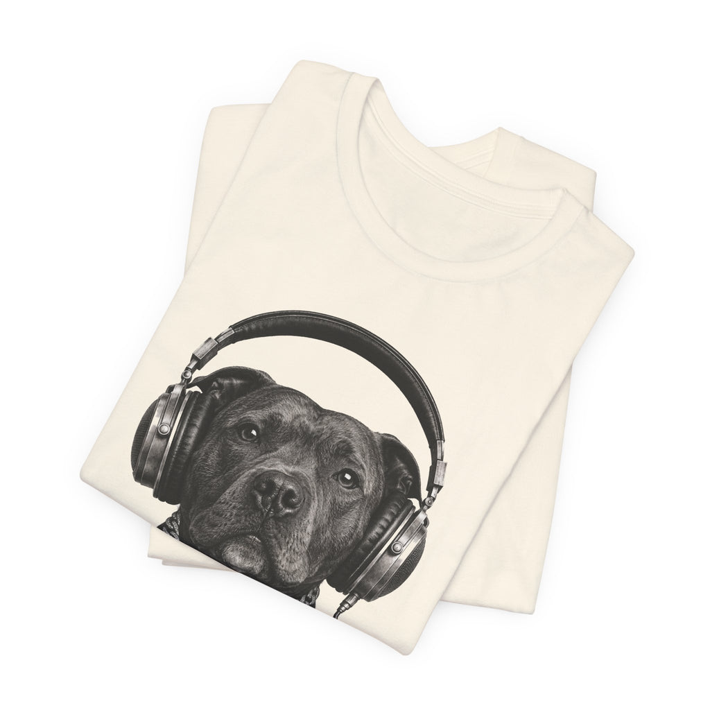 Monochrome Staffordshire Terrier with Headphone - Unisex Dog T-Shirt