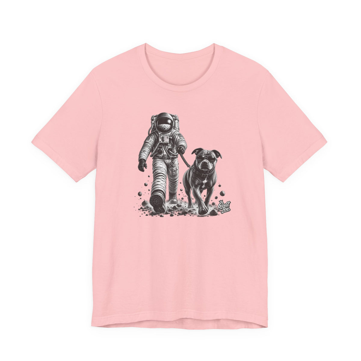 Monochrome Astronaut and Dog Graphic Tee — Unisex Space Adventure T-Shirt