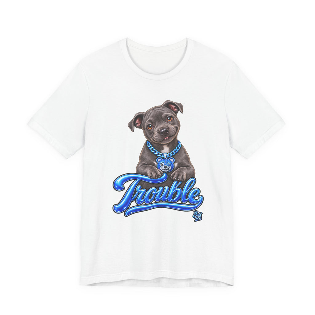 Trouble Puppy T‑Shirt — Cute Staffy Dog Graphic Tee
