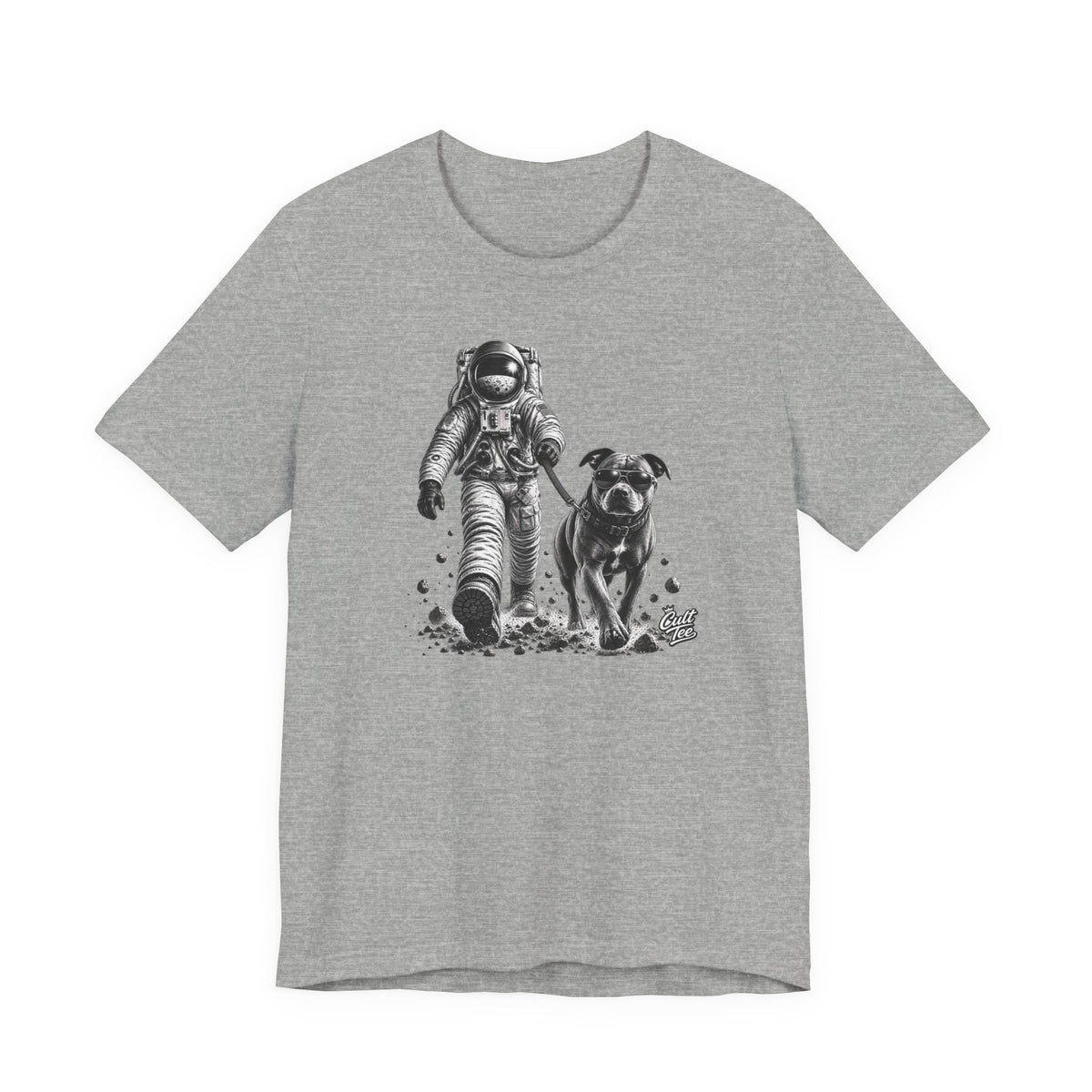 Monochrome Astronaut and Dog Graphic Tee — Unisex Space Adventure T-Shirt