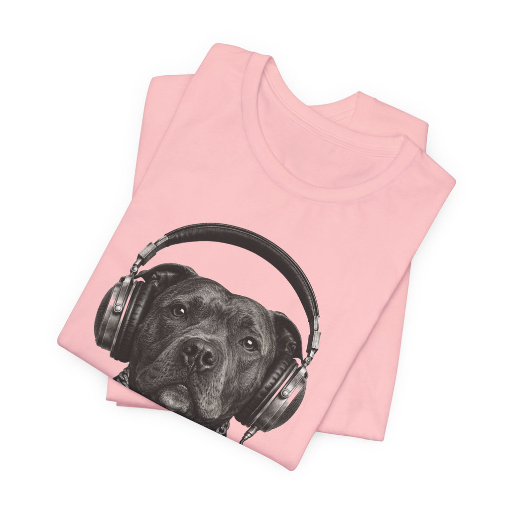 Monochrome Staffordshire Terrier with Headphone - Unisex Dog T-Shirt