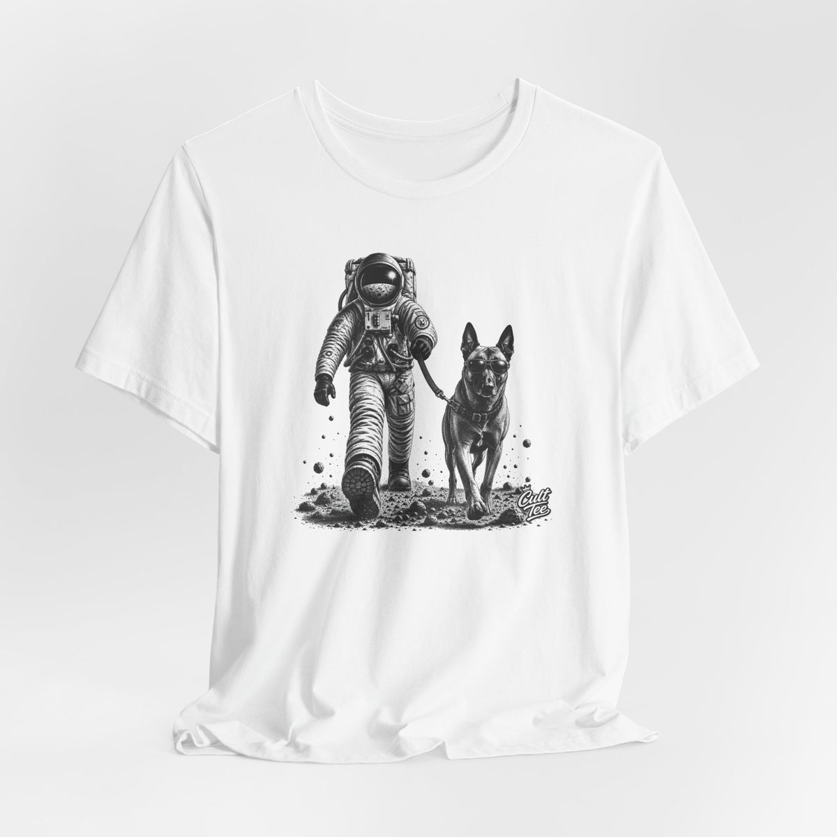 Monochrome Astronaut and Malinois Graphic Tee - Unisex Dog T-Shirt