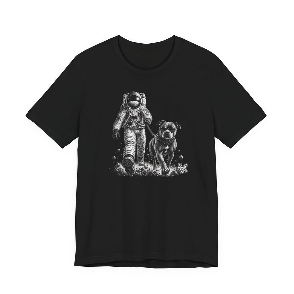 Monochrome Astronaut and Dog Graphic Tee — Unisex Space Adventure T-Shirt