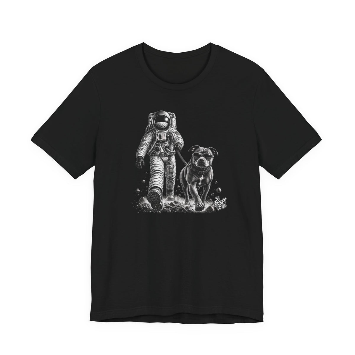 Monochrome Astronaut and Dog Graphic Tee — Unisex Space Adventure T-Shirt