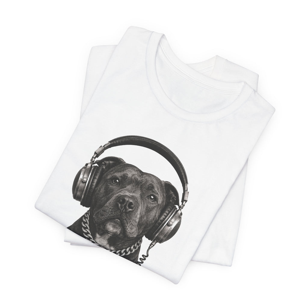 Monochrome Staffordshire Terrier with Headphone - Unisex Dog T-Shirt